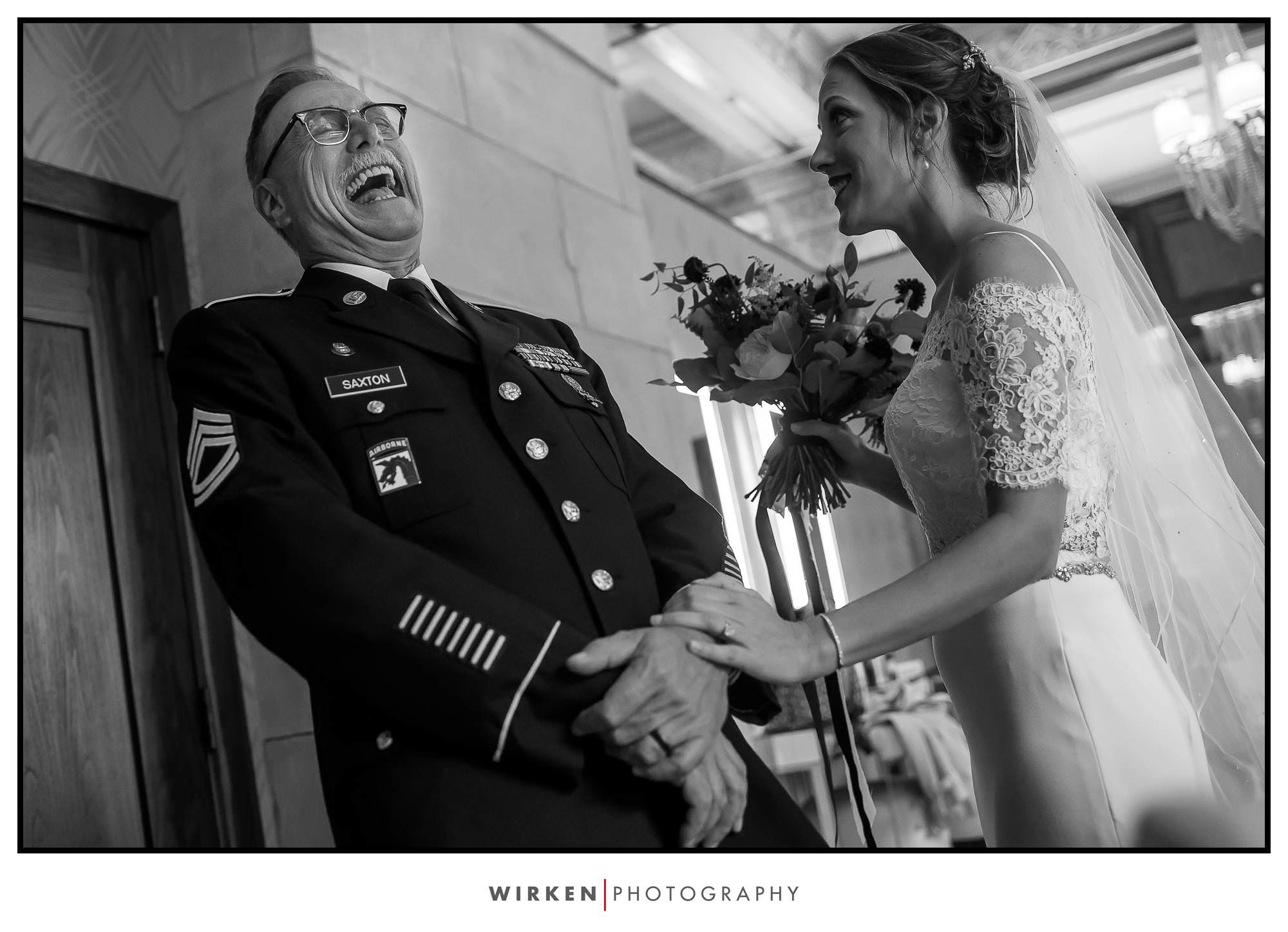 Bride and her father before she walks down the aisle at the grand hall in Kansas City.